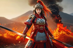Best quality, illustration, super detailed, fine, high resolution, 8k wallpaper, perfect dynamic composition, red Chinese_armor, female warrior,helmet, standing on the battlefield, carrying a long sword, （back to the camera）, with mountains in front and in the middle The plain is on fire and smoke is billowing,chinese girls