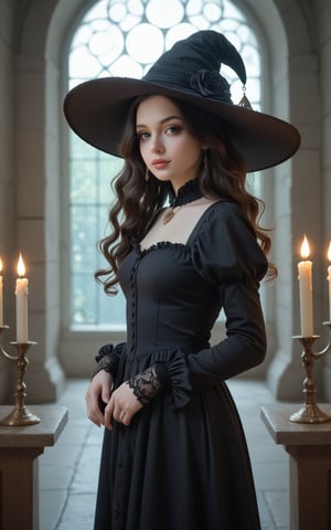 score_9, score_8_up, score_7_up), A captivating scene featuring a stylish witch standing in a dimly lit room filled with flickering candles. The witch has long, flowing hair and wears an ornate black dress with layers of ruffles, complemented by a wide-brimmed hat adorned with decorative elements. The atmosphere exudes a mystical and enchanting vibe, enhanced by warm golden hues from the candlelight casting soft shadows. The background showcases intricate gothic architecture, with stone walls and archways, creating a sense of mystery. Soft glimmers of light dance around, along with delicate details like ornate jewelry and lace gloves. The overall aesthetic blends elements of fantasy and elegance, evoking a rich, hyperrealistic style,real life photo