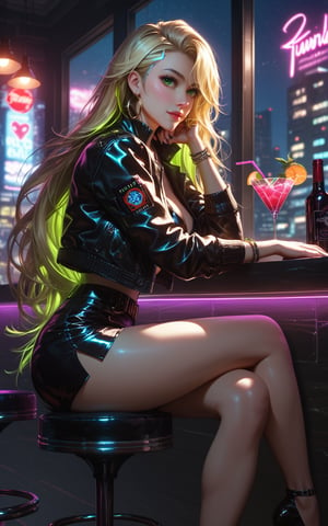 (score_9, score_8, score_7, realistic, highly detailed, science fiction, cyberpunk, side view, (very long silky straight hair:1.16), stunningly gorgeous and sexy rapunzelwaifu is sitting on a barstool in a bar, she is wearing a shiny cropped leather jacket with glowing high tech accents and a black leather mini-skirt, crossed legs,  perfect green eyes, blonde, hoop earrings, polished chrome limbs, vibrant city lights, dark and gritty atmosphere, glowing neon highlights, back lighting, light passing through hair, window with a view of the city at night, low light, darkness, cocktail, dutch angle,Expressiveh