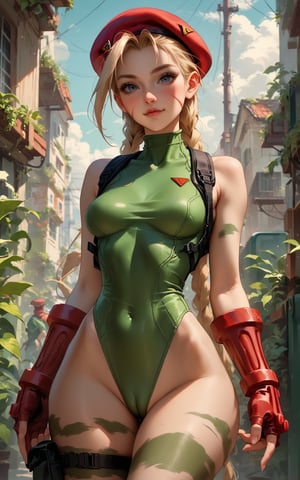 score_9, score_8_up, score_7_up, score_6_up, rating_safe, cammy white, green leotard, beret, looking at viewer, coverd natural breasts, anime, hips, cinematic angle, cinematic lighting, solo focus, cameltoe
, Expressiveh,concept art