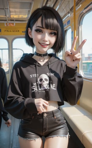 score_9, score_8_up, score_7_up, rating_explicit, BREAK, black hair, bob cut hair, neck length hair, bangs, goth, emo, punk, 1girl, high detail, dramatic lighting, on subway train, eye makup, eyeshadow, feminine face, tall, slim, long face, slim waist, feminine jaw, white skin, pale skin, looking at viewer, v fingers, v pose, black eyeliner, eyeshadow, smug, confident, black hoodie, sleeves too long, moe sleeves, sleeves past wrist, clothes too big, cutoff jean high leg shorts, skin tight jean shorts, autistic, silly face
, Expressiveh,concept art