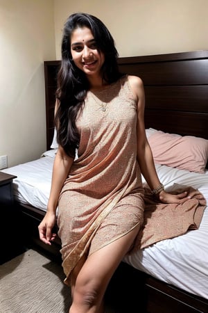 lovely cute young attractive indian teenage girl, 18 years old, cute, an instagram model, long black hair, colourful hair, warm, dancing in bedroom, wear night dress, add beauti makeup, full body, indian