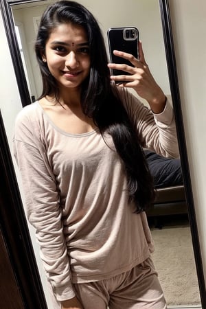 beautiful cute young attractive indian teenage girl, 18 years old, cute,  Instagram model, long black_hair, colorful hair, warm, at home, indian, mirror selfie, sleepwear

