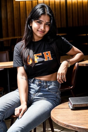 lovely cute young attractive indian teenage girl, 18 years old, cute, an instagram model, long black hair, colourful hair, warm, red crop top, high waist jeans, sitting at a coffe table