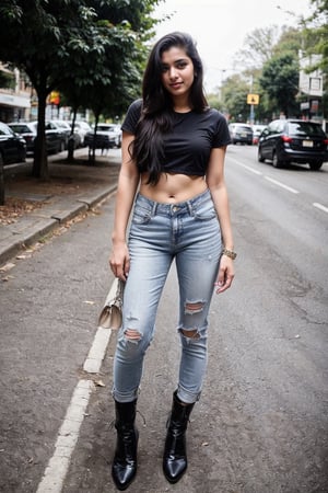 beautiful cute young attractive indian teenage girl, 18 years old, cute,  Instagram model, long black_hair, colorful hair, warm, at home, indian,  full body, crop_top, jeans, high boots, on the street

