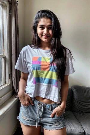 beautiful cute young attractive indian teenage girl, 18 years old, cute,  Instagram model, long black_hair, colorful hair, warm, at home, tshirt and shorts