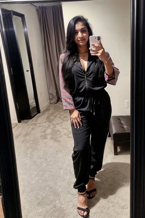 beautiful cute young attractive indian teenage girl, 18 years old, cute,  Instagram model, long black_hair, colorful hair, warm, at home, jumpsuit, heels, mirror selfie