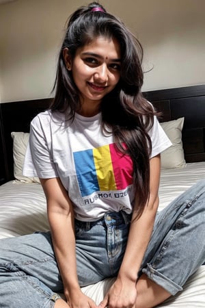beautiful cute young attractive indian teenage girl, 18 years old, cute,  Instagram model, long black_hair, colorful hair, warm, at home, indian,  full body, sitting on bed, tshirt, denim shorts

