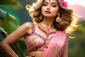Upper body, saree (light pink, blouse dark pink with huge embroidery), backlit, fashion editorial, body silhouette light, backlit sky, ((light brown hair)),(high fashion) photography, (close-up: 1.1), glamorous smiling woman with gorgeous light brown hair, beautiful breasts, breasts exposed, low profile weist, beautiful breasts exposed, nipples exposed, sexy body, sexy pose, blonde,wearing saree, Indian style, camera View from below, perspective, dynamic angle, facing camera, glowing skin, striking composition, strong and confident pose, sensual gesture, glamor, seduction, sharp focus, high contrast, dramatic shadows, low light environment, dramatic lighting, youthful energy, backlit, dark theme, glass flowers, reality, realistic, sexy pose, striking pose, stylized pose, sexy pose, stylized pose, reality,perfect,xuer peacock feather, necklace, nosepin, lipstick, jewellery on head,JeeSoo 