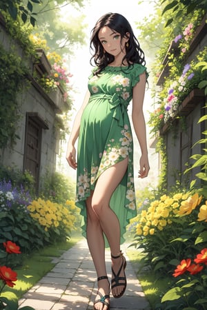 ((masterpiece, Best quality, A high resolution, ultra detailed),(beautiful and aesthetically pleasing:1.2), 1 woman, adult, perfect body, wavy black hair, ((green eyes)), detailed eyes and face, whole body, flowers, garden, grass, trees, yellow pregnancy dress with flowers print,  sandals,