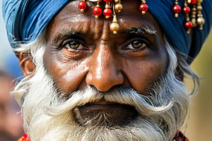 a telephoto shot, 1000 mm lens, f2, small depth of field, darkm background, focused on the eyes, close cropped eyes only, an old indian mans eyes, sunglasses, wearing blue turban, red baubles, very detailed straggly beard, art by john singer sargent, detail in hair, (((detail in the eyes, detail in the hair and beard,))) focus on the eyes, piercing bright eyes, very detailed eyes, hippie neck and shoulder, staring at viewer, national geographic style, 