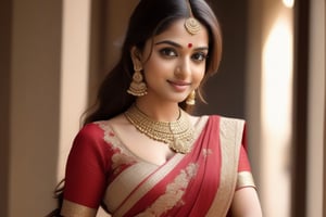 (Extra realistic) saree indian,sexy,girl,26 years old,clear body features,shiny skin,earrings,necklace,real eyes,shy smile,face covering with hands,makeup,mesmerizing,blowing hair,perfect weist,errected body,perfect anatomy,fit saree dress(Red Mehroon saree with embroidery, blouse with huge embroidery work),(photo till butts),(Create an image with a beautifully composed natural background, perfect composition,depth of perspective,studio photo