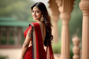 (Extra realistic) saree indian,sexy,girl,26 years old,clear body features,soft skin,earrings,necklace,real eyes,shy smile,face covering with hands,indian makeup,mesmerizing,blowing hair,perfect weist,walking,errected body,perfect anatomy,fit saree dress(Red Mehroon saree with embroidery, blouse with huge embroidery work),(photo till butts),(Create an image with a beautifully composed natural background, perfect composition,depth of perspective,studio photo