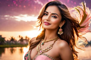 Upper body, saree (light pink), backlit, fashion editorial, body silhouette light, backlit sky, ((light brown hair)),(high fashion) photography, (close-up: 1.1), glamorous smiling woman with gorgeous light brown hair, beautiful breasts, breasts exposed, low profile weist, beautiful breasts exposed, nipples exposed, sexy body, sexy pose, blonde,wearing saree, Indian style, camera View from below, perspective, dynamic angle, facing camera, glowing skin, striking composition, strong and confident pose, sensual gesture, glamor, seduction, sharp focus, high contrast, dramatic shadows, low light environment, dramatic lighting, youthful energy, backlit, dark theme, glass flowers, reality, realistic, sexy pose, striking pose, stylized pose, sexy pose, stylized pose, reality,perfect,xuer peacock feather, necklace, nosepin, lipstick, jewellery on head,