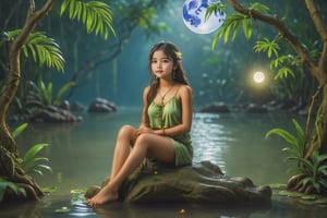 photorealistic,realistic,photography,masterpiece,best quality,ultra-detailed,1girl,moon,water,branch,jungle,night,meditation,sitting on stone,