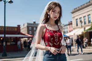 1girl, solo, jewelry, earrings, outdoors, day, blurry, bracelet, blurry background, ring, veil, realistic, high_resolution, skinny_jeans, red top (embroidery), in public 