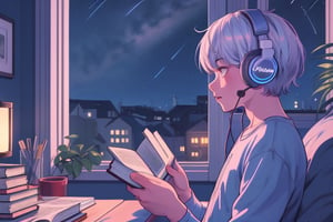lofi boy, cute face, hyper realistic, wearing modern headphones, profile view, having a cup of coffee, inside her room, night atmosphere, stars in the sky, blue color sky, reading book,