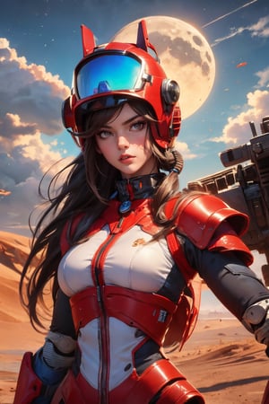 1girl, solo, long hair, breasts, looking at viewer, black hair, hair ornament, red eyes, upper body, outdoors, sky, day, cloud, helmet, robot, mecha, science fiction, realistic, power armor, desert, beauty face, beautiful, pretty, Dream Moon, dragon, dreamlike atmosphere, detailed face, bright skin, powerful appearance, ethereal aura