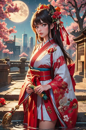 1girl, solo, bangs, skirt, black hair, long sleeves, holding, closed mouth, standing, flower, outdoors, japanese clothes, sky, wide sleeves, black skirt, kimono, water, from side, tree, book, window, night, floral print, plant, building, hakama, star \(sky\), scenery, hakama skirt, wading, reflection, stairs, skyscraper, beauty face, beautiful, pretty, Dream Moon, dragon, dreamlike atmosphere, detailed face, bright skin, powerful appearance, ethereal aura