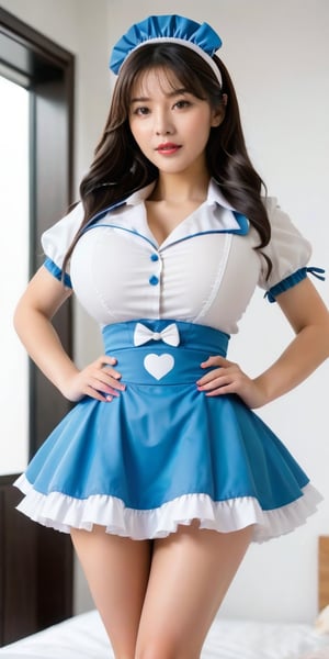 Full body image, character design, 1 girl, solo, back to the audience, long black hair, casually tied hairstyle, big brown eyes, random color heart pattern maid uniform, model figure, random maid headdress, random heart pattern maid uniform short skirt , random pattern underwear, pure white background, childlike face with big breasts, pert buttocks, randomly holding cleaning tools, pure white skin, round and big ass, wearing messy colored high-heeled leather shoes, Blu-ray 8K quality.