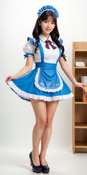 Full body image, character design, 1 girl, solo, back to the audience, long black hair, casually tied hairstyle, big brown eyes, random color heart pattern maid uniform, model figure, random maid headdress, random heart pattern maid uniform short skirt , random pattern underwear, pure white background, childlike face with big breasts, pert buttocks, randomly holding cleaning tools, pure white skin, round and big ass, wearing messy colored high-heeled leather shoes, Blu-ray 8K quality.