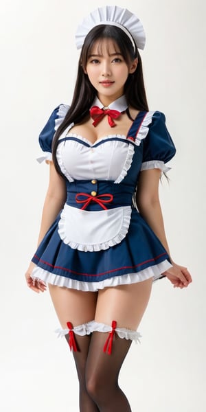 Full body portrait, character design, 1 girl, solo, back to the audience, long black hair, randomly tied hairstyle, big brown eyes, random heart pattern maid uniform, model, random maid headdress, random heart pattern maid uniform short skirt , casual pattern underwear, pure white background, childlike face with big breasts, pert buttocks, holding a chicken feather blanket, pure white skin, round and big ass, wearing random color high-heeled leather shoes, Blu-ray 8K quality.