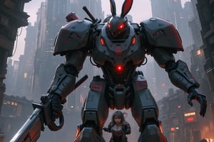 A fierce, female rabbit warrior in futuristic armor stands tall with a menacing full helm and a powerful assault rifle held in her hand. A great sword rests on her back, ready for battle. The scene takes place inside a futuristic fortress, adding to the atmosphere of danger and strength. This description paints a vivid picture of a stunning digital painting that captures the essence of a formidable and determined warrior. The details and colors used in this image truly bring the character to life, making it a visually striking and captivating piece of art.,mecha, a large robot inside a city, fluorescence light on the robot eye. There is a pilot standing in front of the robot.,mecha, a woman is sitting inside robot cockpit.,mecha, a cyborg holding a gun at city, his eyes come out red light, his body colour is mix of black and red.