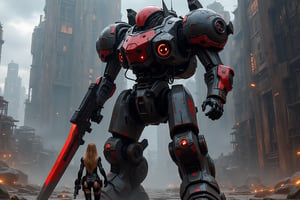 A fierce, female Centaur warrior in futuristic armor stands tall with a menacing full helm and a powerful assault rifle held in her hand. A great sword rests on her back, ready for battle. The scene takes place inside a futuristic fortress, adding to the atmosphere of danger and strength. This description paints a vivid picture of a stunning digital painting that captures the essence of a formidable and determined warrior. The details and colors used in this image truly bring the character to life, making it a visually striking and captivating piece of art.,mecha, a large robot inside a city, fluorescence light on the robot eye. There is a pilot standing in front of the robot.,mecha, a woman is sitting inside robot cockpit.,mecha, a cyborg holding a gun at city, his eyes come out red light, his body colour is mix of black and red.