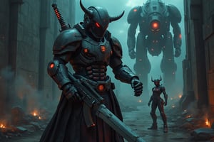 A fierce Centaur warrior, clad in futuristic armor, stands defiantly within the foreboding walls of a fortress, her menacing full helm gleaming in the dim light. The assault rifle held firmly in her hand seems to hum with power, while the great sword on her back hints at a readiness for battle. In the background, a cityscape looms, bathed in an eerie fluorescence glow. A mecha robot towers above the urban landscape, its eye glowing like a beacon of technology. A pilot stands resolute before the mech's cockpit, ready to command this behemoth. Meanwhile, a cyborg warrior, her body a blend of black and red, holds a gun steady, her eyes aglow with an unsettling red light.