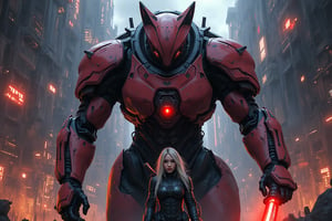 A fierce, female Fox warrior in futuristic armor stands tall with a menacing full helm and a powerful assault rifle held in her hand. A great sword rests on her back, ready for battle. The scene takes place inside a futuristic fortress, adding to the atmosphere of danger and strength. This description paints a vivid picture of a stunning digital painting that captures the essence of a formidable and determined warrior. The details and colors used in this image truly bring the character to life, making it a visually striking and captivating piece of art.,mecha, a large robot inside a city, fluorescence light on the robot eye. There is a pilot standing in front of the robot.,mecha, a woman is sitting inside robot cockpit.,mecha, a cyborg holding a gun at city, his eyes come out red light, his body colour is mix of black and red.