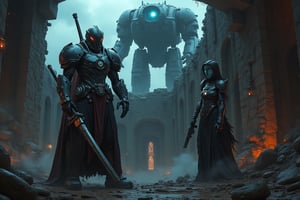 A fierce Centaur warrior, clad in futuristic armor, stands defiantly within the foreboding walls of a fortress, her menacing full helm gleaming in the dim light. The assault rifle held firmly in her hand seems to hum with power, while the great sword on her back hints at a readiness for battle. In the background, a cityscape looms, bathed in an eerie fluorescence glow. A mecha robot towers above the urban landscape, its eye glowing like a beacon of technology. A pilot stands resolute before the mech's cockpit, ready to command this behemoth. Meanwhile, a cyborg warrior, her body a blend of black and red, holds a gun steady, her eyes aglow with an unsettling red light.