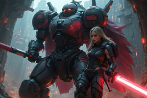 A fierce, female rabbit warrior in futuristic armor stands tall with a menacing full helm and a powerful assault rifle held in her hand. A great sword rests on her back, ready for battle. The scene takes place inside a futuristic fortress, adding to the atmosphere of danger and strength. This description paints a vivid picture of a stunning digital painting that captures the essence of a formidable and determined warrior. The details and colors used in this image truly bring the character to life, making it a visually striking and captivating piece of art.,mecha, a large robot inside a city, fluorescence light on the robot eye. There is a pilot standing in front of the robot.,mecha, a woman is sitting inside robot cockpit.,mecha, a cyborg holding a gun at city, his eyes come out red light, his body colour is mix of black and red.