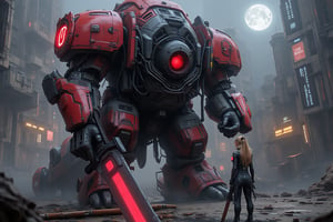 A fierce, female Fox warrior in futuristic armor stands tall with a menacing full helm and a powerful assault rifle held in her hand. A great sword rests on her back, ready for battle. The scene takes place inside a futuristic fortress, adding to the atmosphere of danger and strength. This description paints a vivid picture of a stunning digital painting that captures the essence of a formidable and determined warrior. The details and colors used in this image truly bring the character to life, making it a visually striking and captivating piece of art.,mecha, a large robot inside a city, fluorescence light on the robot eye. There is a pilot standing in front of the robot.,mecha, a woman is sitting inside robot cockpit.,mecha, a cyborg holding a gun at city, his eyes come out red light, his body colour is mix of black and red.