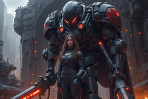 A fierce, female Centaur warrior in futuristic armor stands tall with a menacing full helm and a powerful assault rifle held in her hand. A great sword rests on her back, ready for battle. The scene takes place inside a futuristic fortress, adding to the atmosphere of danger and strength. This description paints a vivid picture of a stunning digital painting that captures the essence of a formidable and determined warrior. The details and colors used in this image truly bring the character to life, making it a visually striking and captivating piece of art.,mecha, a large robot inside a city, fluorescence light on the robot eye. There is a pilot standing in front of the robot.,mecha, a woman is sitting inside robot cockpit.,mecha, a cyborg holding a gun at city, his eyes come out red light, his body colour is mix of black and red.