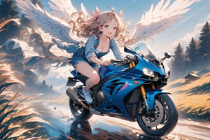 Masterpiece, beautiful details, perfect focus, uniform 8K wallpaper, high resolution, exquisite texture in every detail,
1 girl, solo, long hair, blue eyes, clear shining deep eyes, smile, happy, open mouth, mid-chest, cleavage, ahoge, double exposure, ((wet, outdoors, rides a motorcycle, sportbike, speed, overall view, one leg, jump on bike,)),
looking at viewer, blushing, smile, bangs, blue eyes, blonde hair, long sleeves, dress, ribbons, Twintails, sitting, closed mouth, jacket, full body, hair ribbon, ruffles, open clothing, wings, shoes , socks, sleeveless dress, parted bangs, wavy hair, white footwear, white socks, feathered wings, pink ribbon, curly hair, angel wings, on the floor, white feathers, paintbrush, paint splatter, paint, palette \(object\), canvas \(object) \)