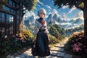 scenery, background, masterpiece, best quality, aesthetic,
1girl, flying_petals, serafuku, landscape, looking_at_viewer, long sword,
sunlight, light rays, day, shadow, dappled sunlight, mountains, 
bag, bird, building, cloud, cloudy sky, flower, outdoors, plant, shirt, short hair, sky, tree, flowindow,nodf_lora,anime,rayearth,Anigame 
