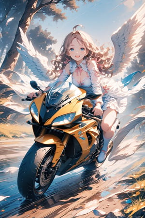 Masterpiece, beautiful details, perfect focus, uniform 8K wallpaper, high resolution, exquisite texture in every detail,
1 girl, solo, long hair, blue eyes, clear shining deep eyes, smile, happy, open mouth, mid-chest, cleavage, ahoge, double exposure, ((wet, outdoors, rides a motorcycle, sportbike, speed,)),
looking at viewer, blushing, smile, bangs, blue eyes, blonde hair, long sleeves, dress, ribbons, Twintails, sitting, closed mouth, jacket, full body, hair ribbon, ruffles, open clothing, wings, shoes , socks, sleeveless dress, parted bangs, wavy hair, white footwear, white socks, feathered wings, pink ribbon, curly hair, angel wings, on the floor, white feathers, paintbrush, paint splatter, paint, palette \(object\), canvas \(object) \)
