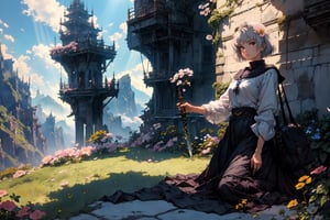 scenery, background, masterpiece, best quality, aesthetic,
1girl, flying_petals, serafuku, landscape, looking_at_viewer, sword,
sunlight, light rays, day, shadow, dappled sunlight, mountains, 
bag, bird, building, cloud, cloudy sky, flower, outdoors, plant, shirt, short hair, sky, tree, flowindow,nodf_lora,anime,rayearth,Anigame 