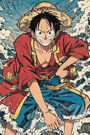 DETAILED LINES, BOLD DRAWING , LUFFY OF ONE PIECE ,colored in a flat, fantasy style, 2D vector illustration, male-centered, 1boy, modern, professional vector graphics by , digital painting, ultra clear, high detail, UHD drawing,comic book,cartoon logo,style of Edvard Munch,Ukiyo-e,Visual_Illustration