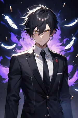((masterpiece, best quality, absurdres, very aesthetic)), perfect face, 1boy, male_focus, black hair, short straight hair, wolf haircut, brown eyes, black jacket, white shirt, black necktie, (half body to be seen), looking at viewer, dark background, 8k, illustration,more detail XL, ((falling bullets:1.2)), by redice studio, solo levelling, luminate background, blue magical aura, glowing eyes, ((feathers flying in the air:1.1))