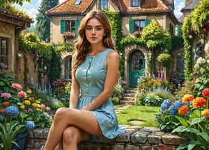 create a girl img who sitting in garden her house 
(masterpiece, top quality, best quality, official art, beautiful and aesthetic:1.2), ray tracing, extreme detailed,colorful,highest detailed, realism
