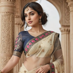 (masterpiece, top quality, best quality, official art, beautiful and aesthetic:1.2), (beautiful thicc pakistani woman in designer cream sari showing her naval, floral prints on sari), beautiful naval, professional photo shoot of a curvaceous sari model, photo from a sari product catalogue, armpits, diffused light, photon mapping , ray tracing, extreme detailed,(upper body,deep cleavage:1.3),colorful,highest detailed, realism
,Pakistani Model,Beautiful