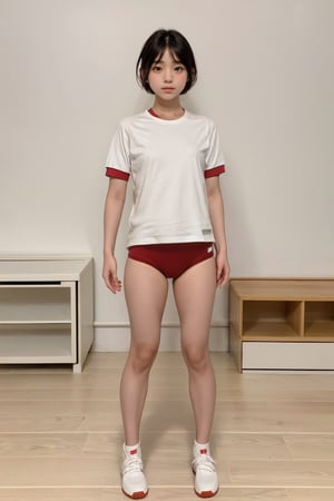 realistic,highquality,1girl 15years old,(((short stature))), japanese,black hair,bob_cut,gym uniform white shirts short sleeve,((dark red buruma thigh:1.4)),white ankle socks,white sneaker,standing,open stance,full body_shot,gr buruma,indoor school gymnastics hall,woody floor, KJP530R