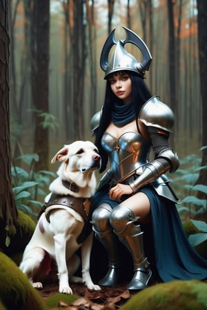 Beautiful Lady sorceress hugging with anthropomorphic graceful dog knight in heavy armor in the fantasy mushroom forest. ,BugCraft,brccl