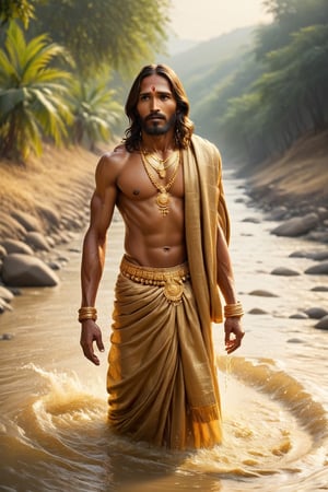 Jesus golden , river, poor indian family ,BucketGoldUnderTheRainbow,golden_jewelry, ,Hot Body, long river