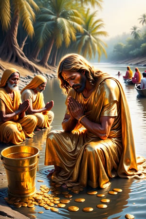 Golden Jesus is praying, poor family in india, people are pray, long river side,BucketGold