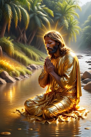 Golden Jesus is praying, poor family in india, people are pray, long river side,BucketGoldUnderTheRainbow