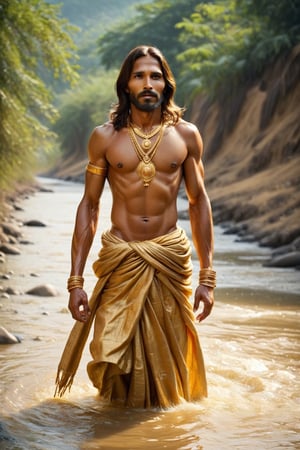 Jesus golden , river, poor indian family ,BucketGoldUnderTheRainbow,golden_jewelry, ,Hot Body, long river