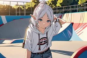 Exquisite anime artwork capturing the essence of the girl Frieren amidst a vibrant skatepark backdrop. The camera zooms in on her captivating gaze, framed by a shallow depth of field emphasizing her striking features such as luscious white hair and twintials. Wearing a bold stripped_black_and_white bikini top and a open white_hoodie, paired with baggy jeans and wristlets adorned with finger ornaments, Frieren's laid-back posture radiates a sense of charisma. The surrounding environment is bathed in dusk warm sunlight, highlighting the textures and colors of the skatepark's ramps and obstacles.,anime,photograph,Fantasy 