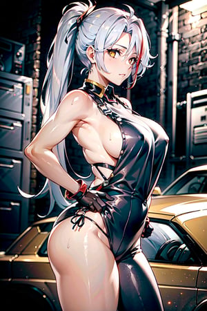 In a steamy industrial garage, Prinz Eugen stands amidst machinery, her silver locks tied back in a ponytail as she gazes at the sleek racing car. The camera captures her from the side, framing her black overalls and mechanic gloves. Her pose showcases her glistening armpit and curvaceous physique, glimpsed through the loose-fitting overalls. Red accents on the machinery reflect off her long hair, styled in a two-sides-up style. Soft cinematic lighting highlights her beauty amidst the grime, as she stands ready to tackle the repair with precision and skill.